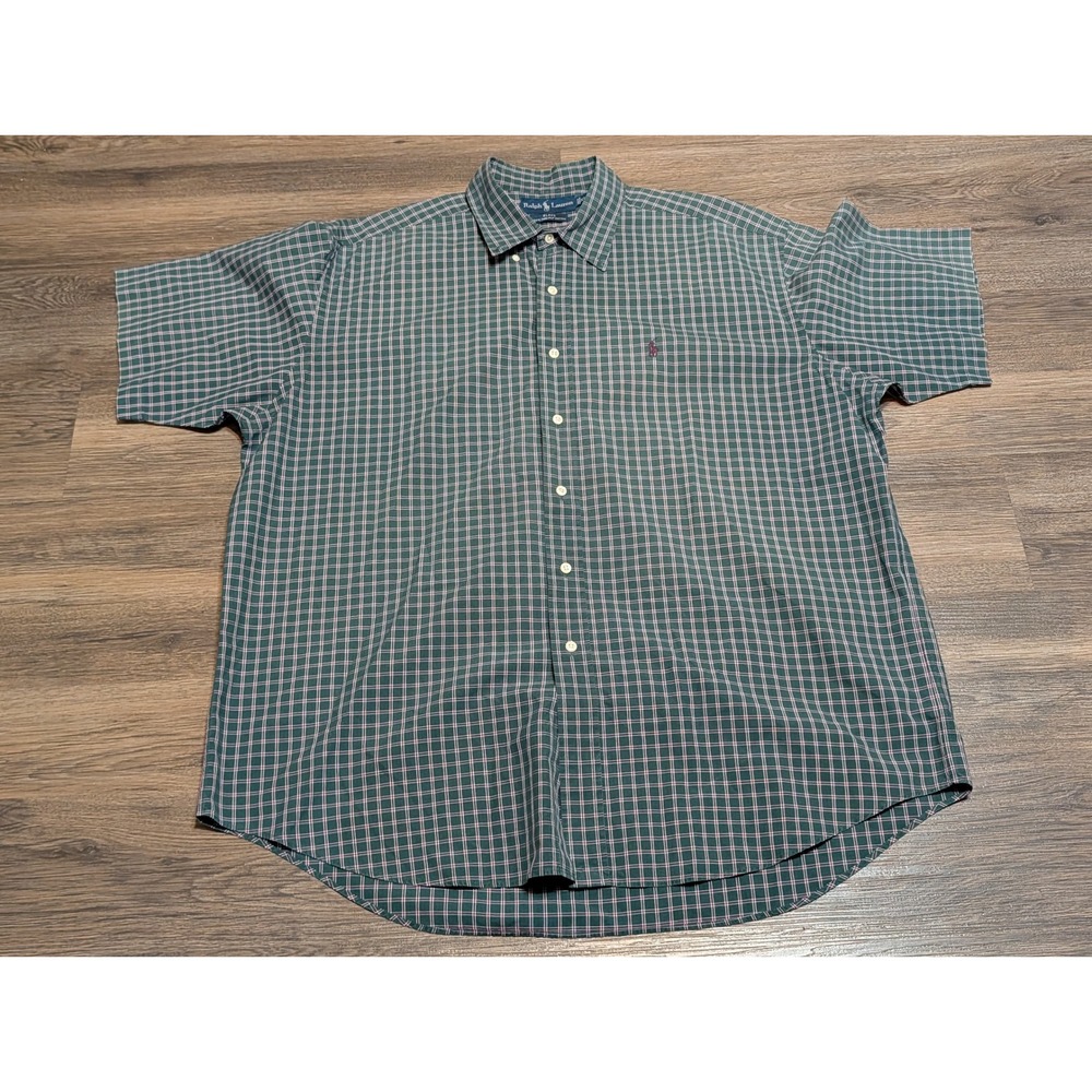 Ralph Lauren Blake Tattersall Plaid Short Sleeve Button Down Shirt Mens XL Green